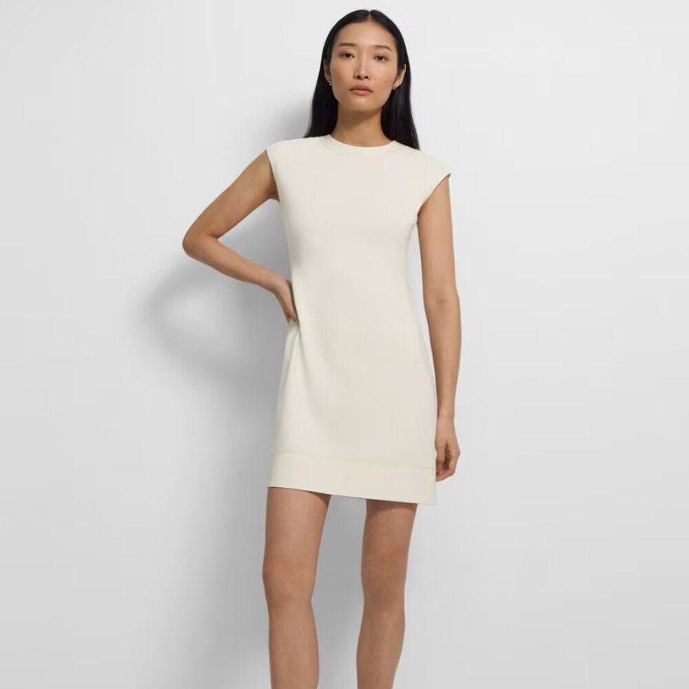 $325 Theory Embroidered Shift Dress in Admiral Crepe White Cream Rice